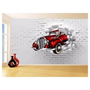 Papel De Parede Carro Antigo Saindo Da Parede 3D 3,5M Cxr40
