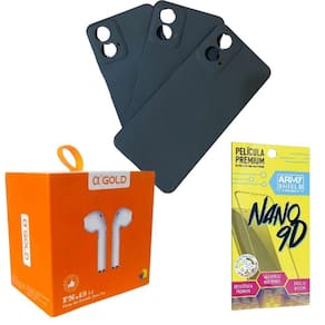Kit Capinha Preto Moto G34 + Fone Bluetooth + Pelicula 9D