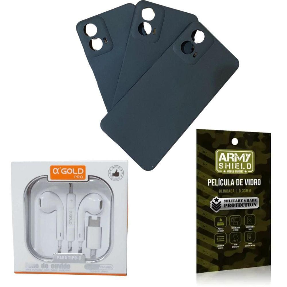 Kit Capinha Preto Para Moto G04 + Fone Tipo-C + Pelicula 3D