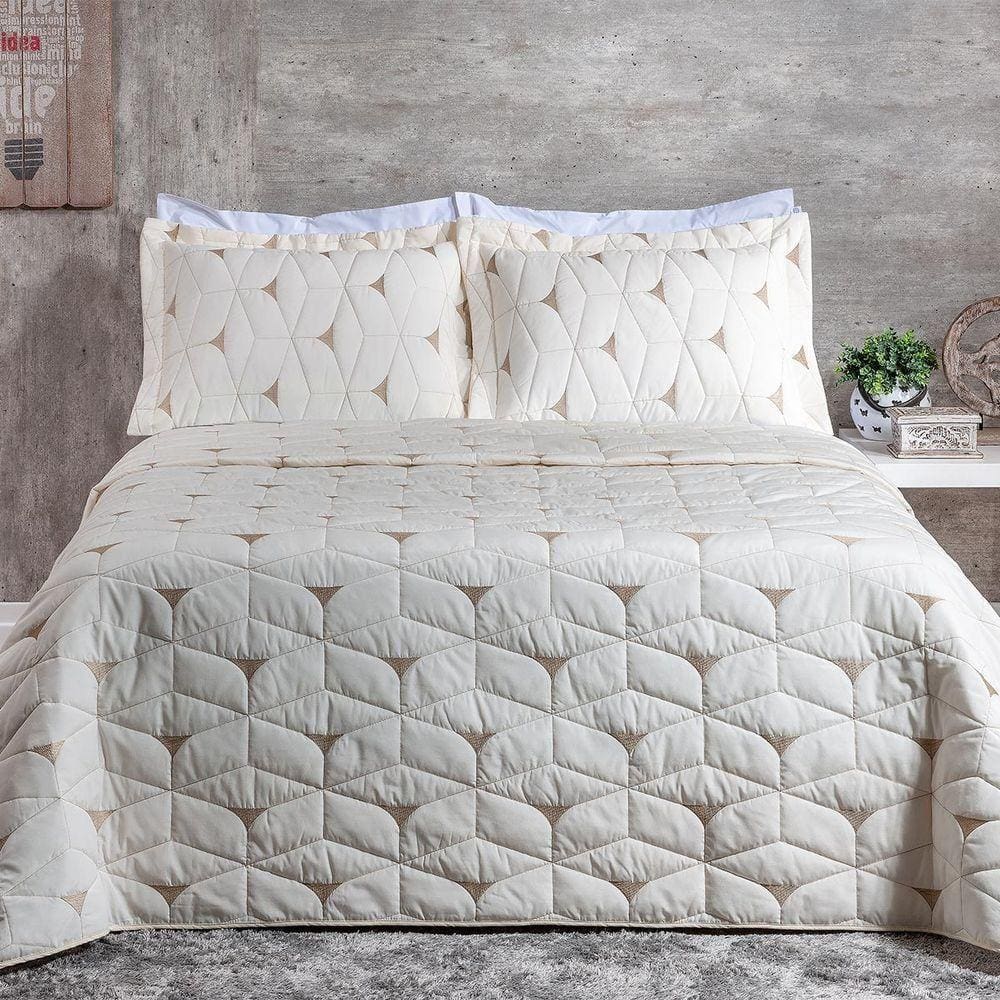 Cobre Leito Queen Berlim Percal 180 Fios Bordado 3 Peças Palha