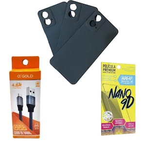 Kit Capinha Preto Para Moto G34 + Cabo Tipo-C + Pelicula 9D