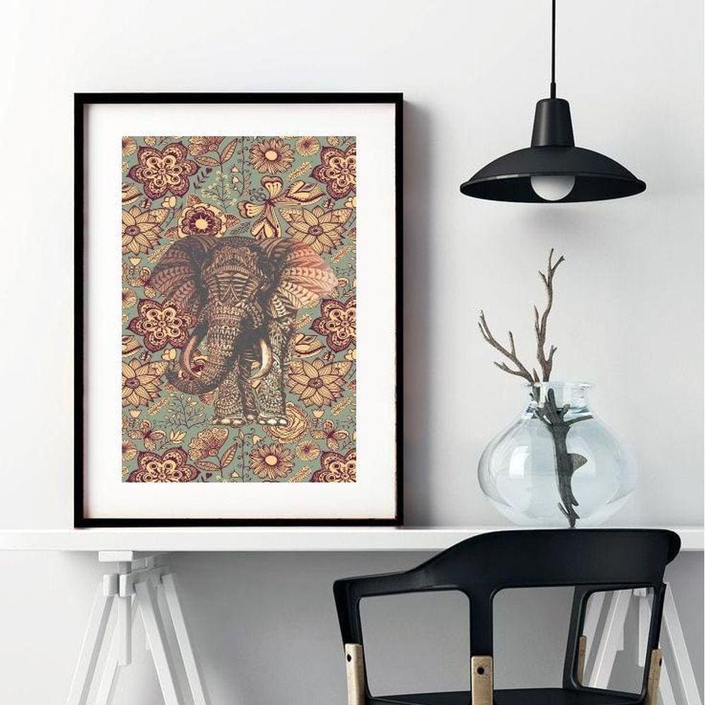 Quadro Elefante Estampa Floral - 60X48Cm