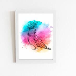 Calopsita Aquarela Passarinho Quadro Moldura Branca 60X40Cm