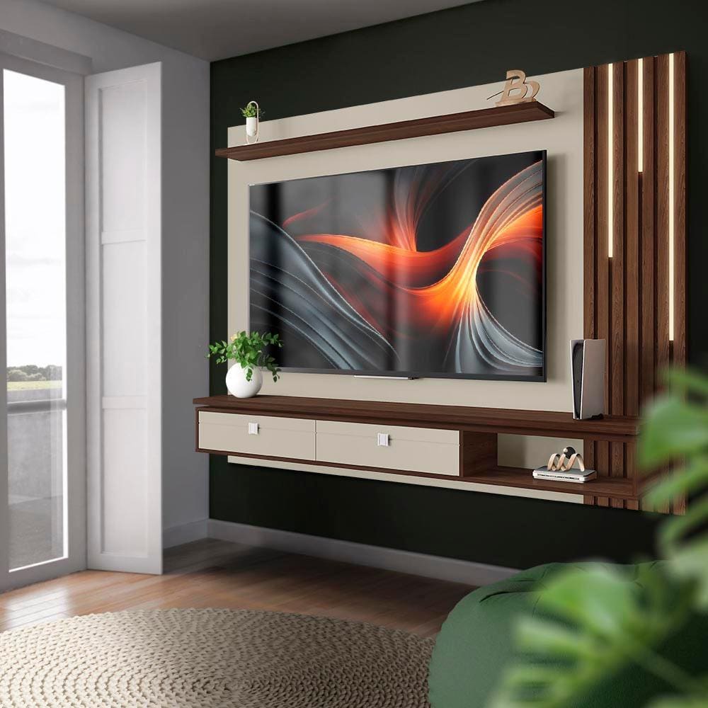Painel Ripado Grande Para TV Até 80 Polegadas Com LED Off White Nogal Hebe Shop JM - Off White