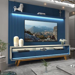 Painel e Rack Ripado com LED Nobre 230 Azul Off White - Gelius