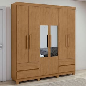 Guarda-Roupa Casal Zeus 6 Portas 4 Gavetas com Espelho Amêndoa Clean - Móveis Lopas