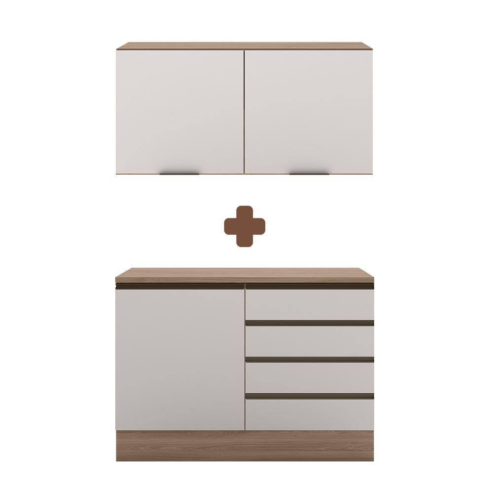 Conjunto Balcão E Armário Aéreo Para Apartamento Carvalho Oak Off White Merey Shop Jm - Marrom