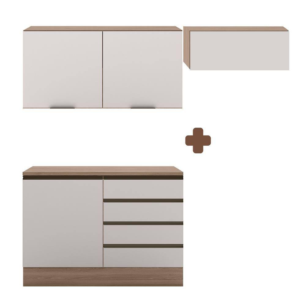 Cozinha Modulada Compacta Para Apartamento 3 Módulos Carvalho Oak Off White Merey Shop Jm - Marrom