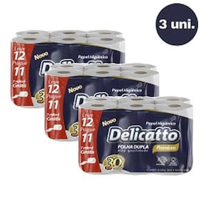 Kit Com 3 Papel Higiênico Delicatto Premium 12 rolos 30m Atacado Barato