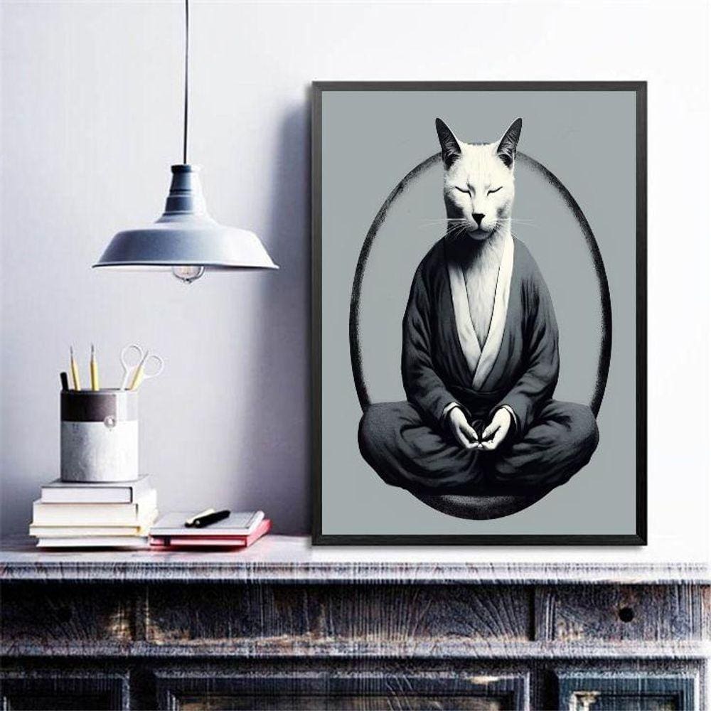 Quadro Decorativo Gato Fazendo Yoga 45X34Cm - Com Vidro