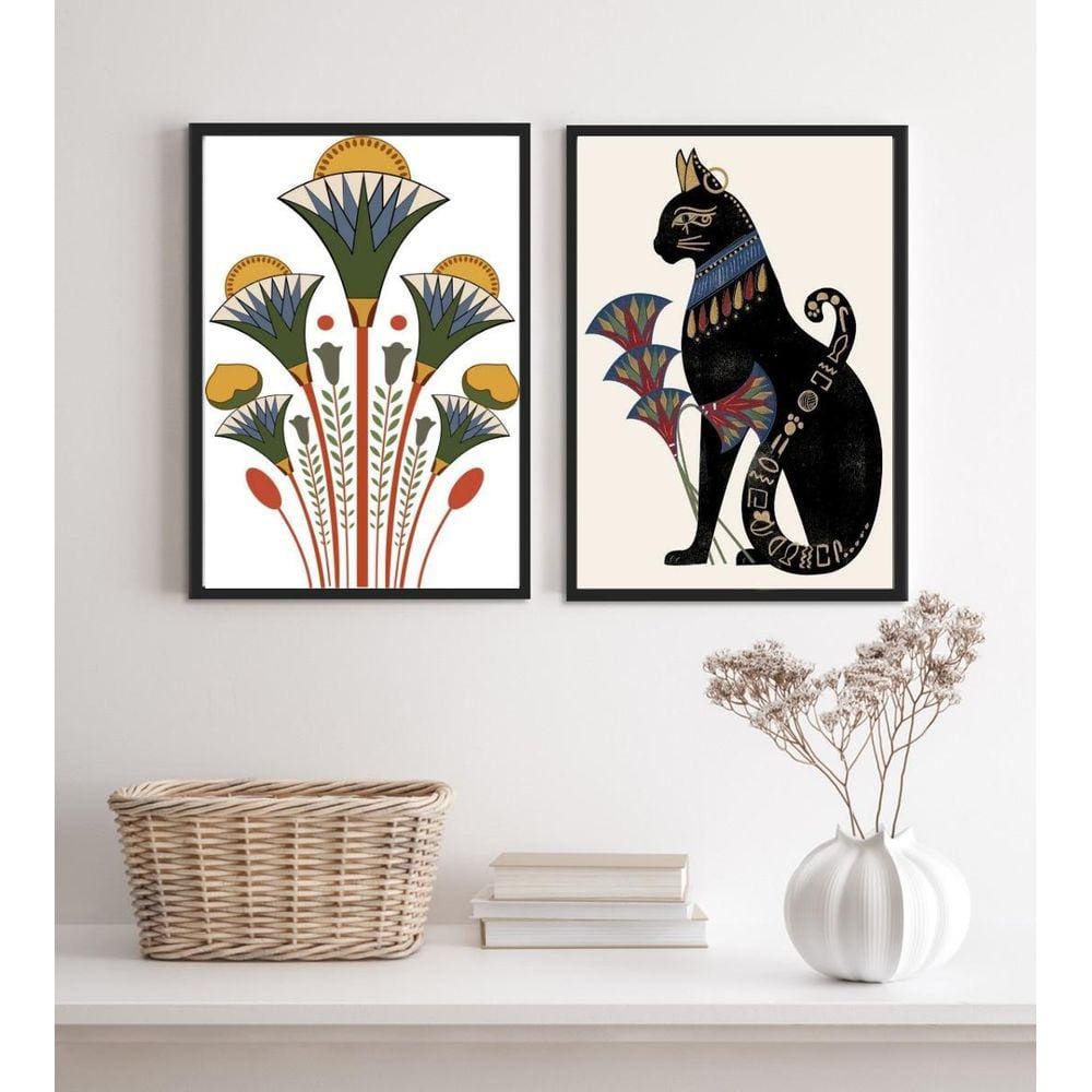 Kit 2 Quadros Egípcios Gato Bastet E Flor Lotus 45X34Cm