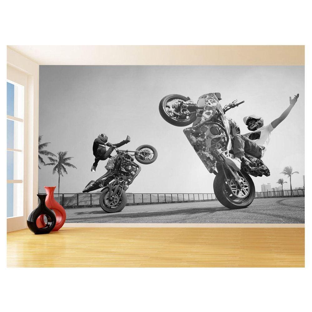 Papel De Parede 3D Moto Grau Empinando Manobra 3,5M Bkm42