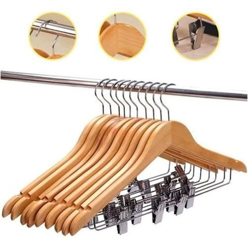 imagem-Kit 6X Cabides De Madeira Com Presilha Verniz Marfim Roupa