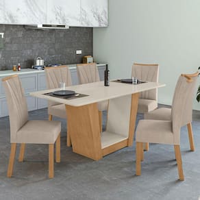 Mesa de Jantar 6 Lugares Luiza Amêndoa Clean/Off White/Veludo Naturale Creme - Panorama Móveis