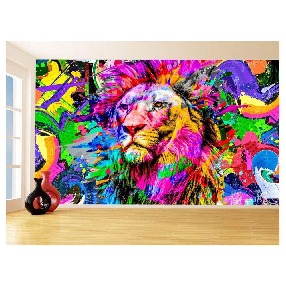 Papel De Parede Animais Leão Rosto Arte Cores 3,5M Anm461