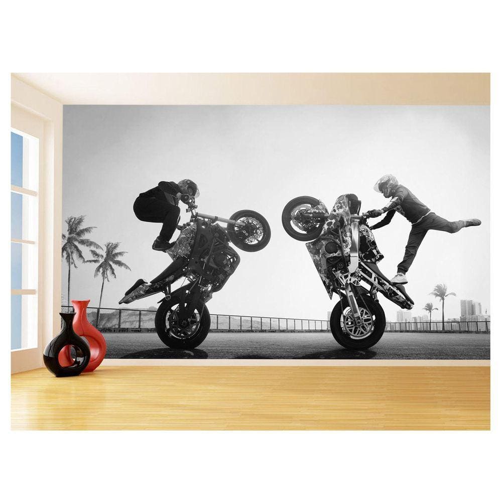 Papel De Parede 3D Moto Grau Empinando Manobra 3,5M Bkm43
