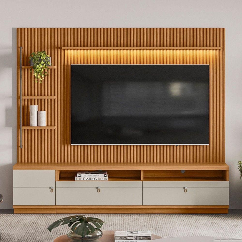 Estante para TV Até 75 Polegadas Ouro Preto 1 Porta com Led Nature/Off White - Linea Brasil