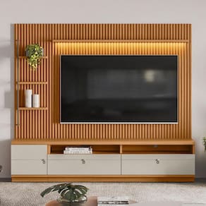 Estante para TV Até 75 Polegadas Ouro Preto 1 Porta com Led Nature/Off White - Linea Brasil