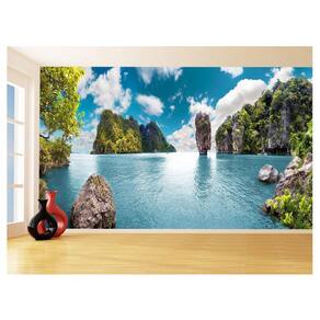 Papel De Parede 3D Praia Mar Montanhas Céu Azul 3,5M Npr263
