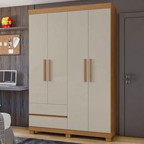 Guarda-Roupa Solteiro Zeus 4 Portas 2 Gavetas 59602.58 Amêndoa Clean/Off White - Móveis Lopas