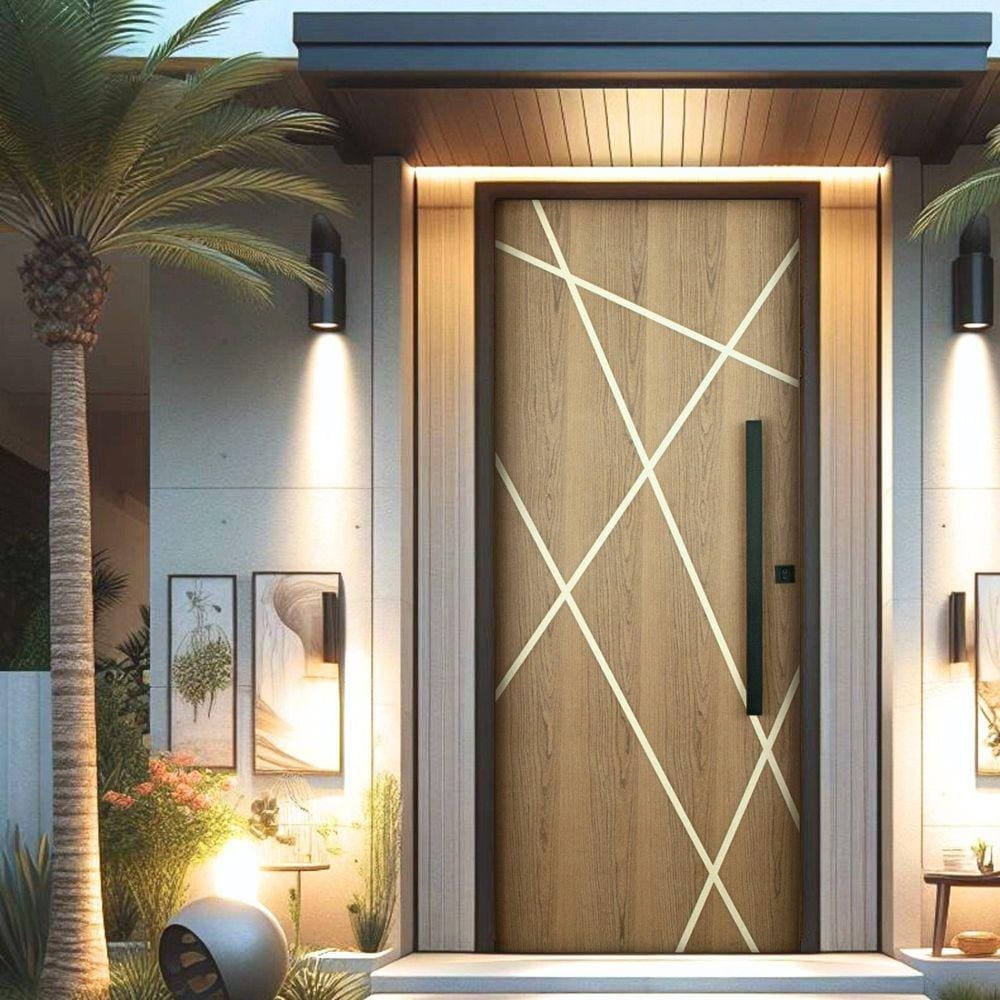 Kit Porta de Madeira Frisada 215x109cm Batente 14cm Fechadura Rolete e Puxador Rodam
