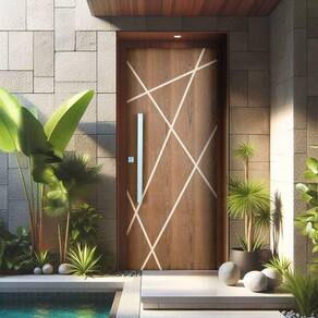 Kit Porta de Madeira Frisada 215x109cm Batente 14cm Fechadura Rolete e Puxador Rodam Natural
