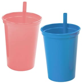Copo infantil com canudo fixo 300ml Plasutil 1 azul e 1 rosa unidades ref. 2581