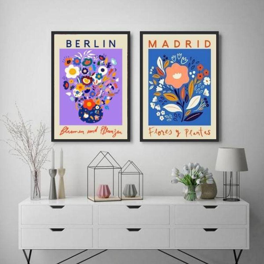 Kit 2 Quadros Flower Market - Madrid E Berlin 24X18Cm