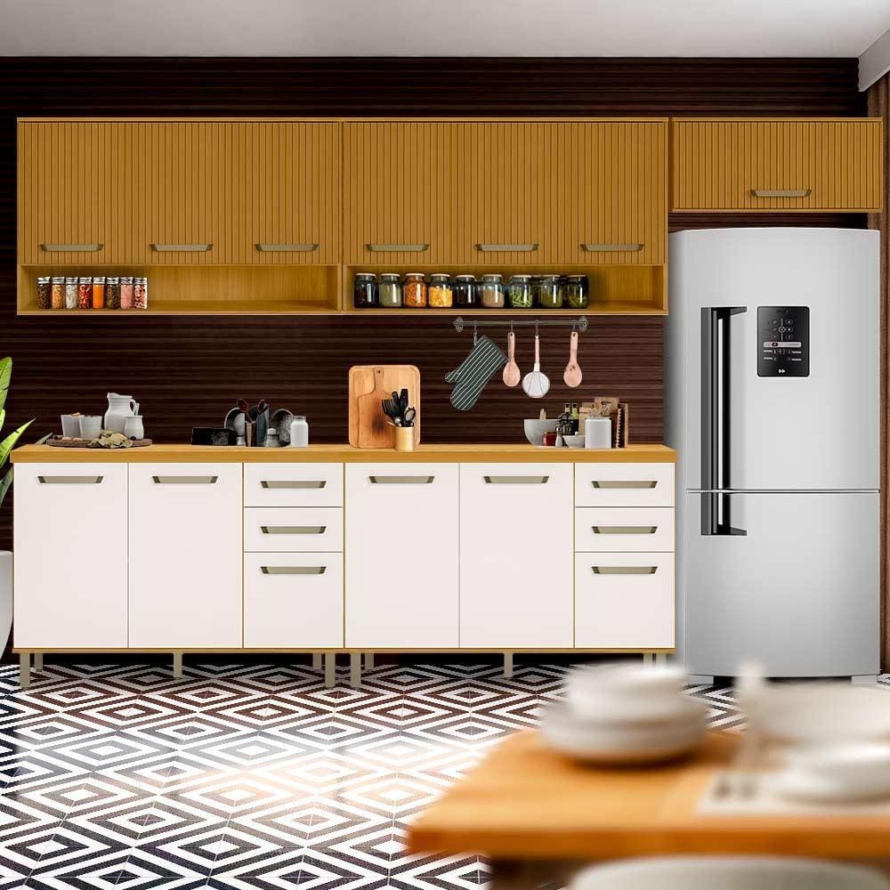 Armário De Cozinha Completa 5 Peças Freijó Off Acetinado Freijó Ripado Criare Poliman - Marrom