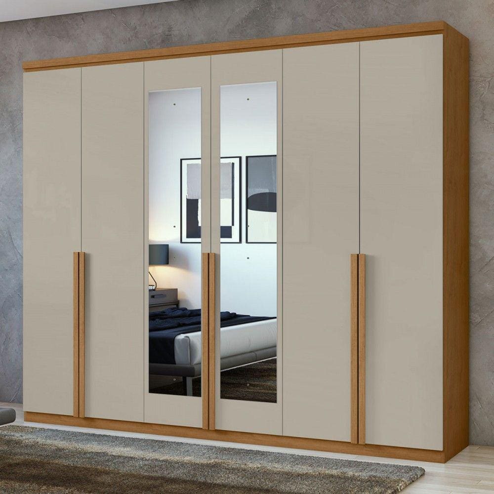 Guarda-Roupa Casal Alonzo 6 Portas 4 Gavetas com Espelho 100% Mdf Amêndoa Clean/Off White - Móveis Lopas
