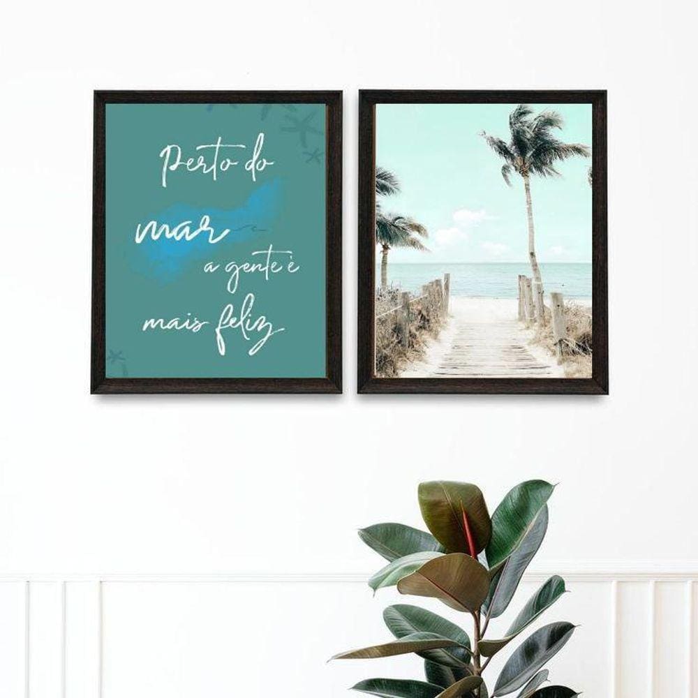 Kit 2 Quadros Praia Mar Felicidade - Coqueiros 24X18Cm - Com Vidro