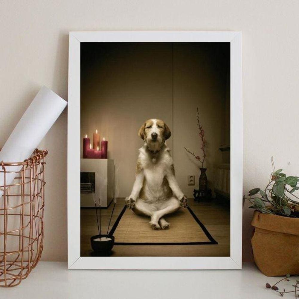 Quadro Decorativo Cachorro Meditando 24X18Cm - Com Vidro