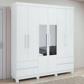 Guarda-Roupa Casal Zeus 6 Portas 4 Gavetas com Espelho Branco - Móveis Lopas