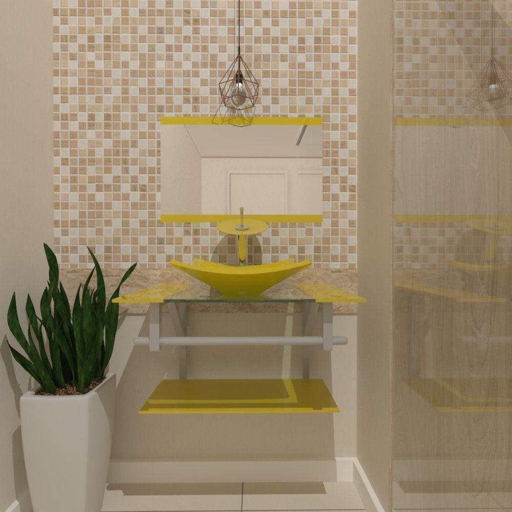 Gabinete de Vidro 60cm com Cuba Quadrada Amarelo