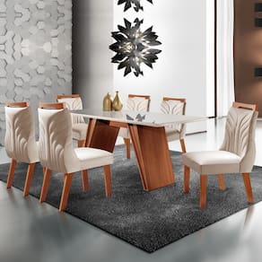 Mesa de Jantar 6 Lugares Waterloo com Vidro Castanho Prêmio/Suede Creme - Panorama Móveis