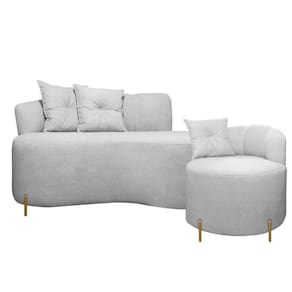 Sofá Redondo Grécia 1.45m 2 Lugares + Poltrona Bouclê Cinza Com Pés de Metal SOFA STORE