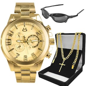 Relogio Masculino Aço Inox Banhado + Oculos Sol + Cordão