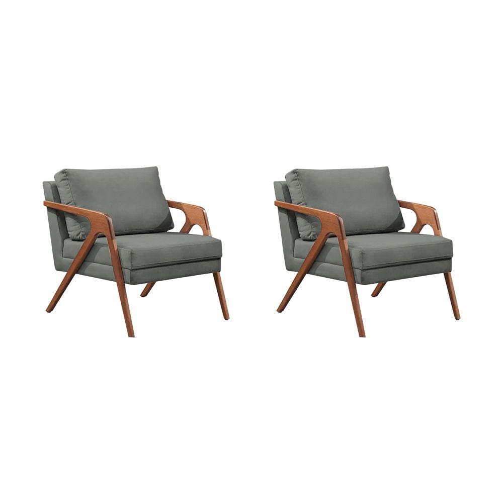 Kit 2 Poltronas Decorativas Mona Premium Base Madeira Maciça Linho Cinza