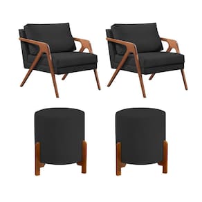 Conjunto 2 Poltronas Mona Decorativa e 2 Puff Thor Estofado Base Madeira Maciça Veludo Preto