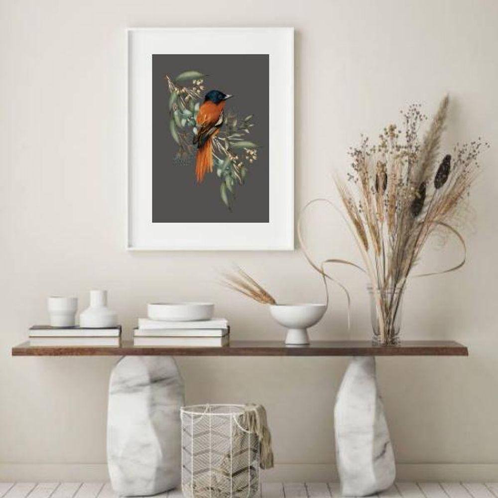 Quadro Passarinho Fundo Cinza - 60X48 Cm