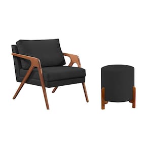Conjunto Poltrona Mona Decorativa e Puff Thor Estofado Base Madeira Maciça Veludo Preto