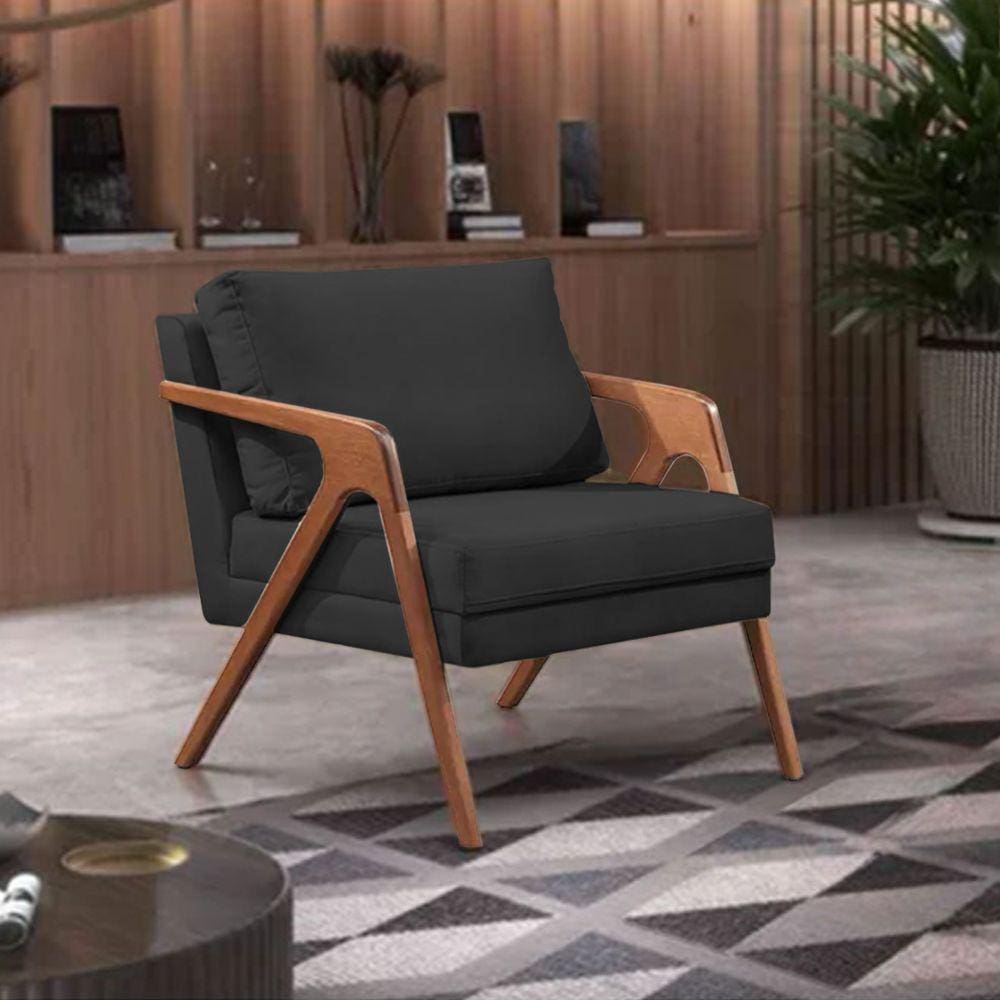 Poltrona Decorativa Mona Premium Base Madeira Maciça Veludo Preto