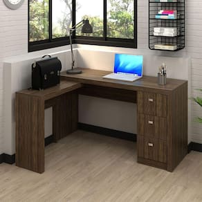 Mesa Escrivaninha em L para Escritório 3 Gavetas 136x113cm Nogal