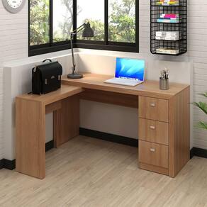 Mesa Escrivaninha em L para Escritório 3 Gavetas 136x113cm Amêndoa