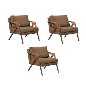 Kit 3 Poltronas Decorativas Mona Premium Base Madeira Maciça Veludo Marrom