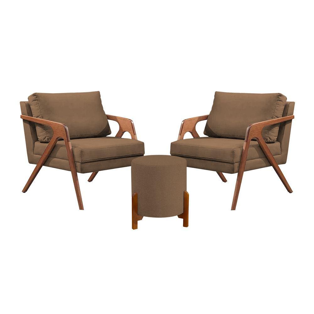 Conjunto 2 Poltronas Mona Decorativa e 1 Puff Thor Estofado Base Madeira Maciça Veludo Marrom