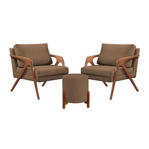 Conjunto 2 Poltronas Mona Decorativa e 1 Puff Thor Estofado Base Madeira Maciça Veludo Marrom