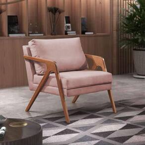 Poltrona Decorativa Mona Premium Base Madeira Maciça Veludo Rose