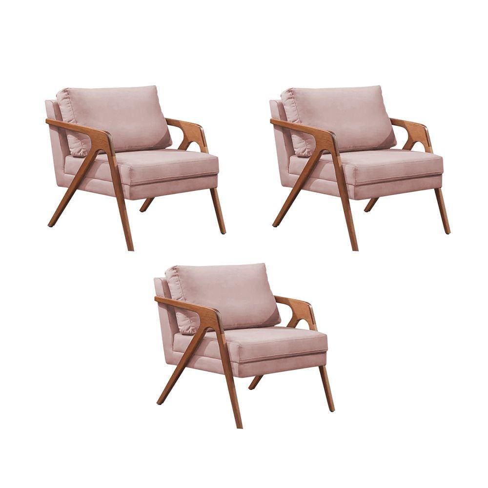 Kit 3 Poltronas Decorativas Mona Premium Base Madeira Maciça Veludo Rose
