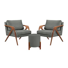 Conjunto 2 Poltronas Mona Decorativa e 1 Puff Thor Estofado Base Madeira Maciça Linho Cinza